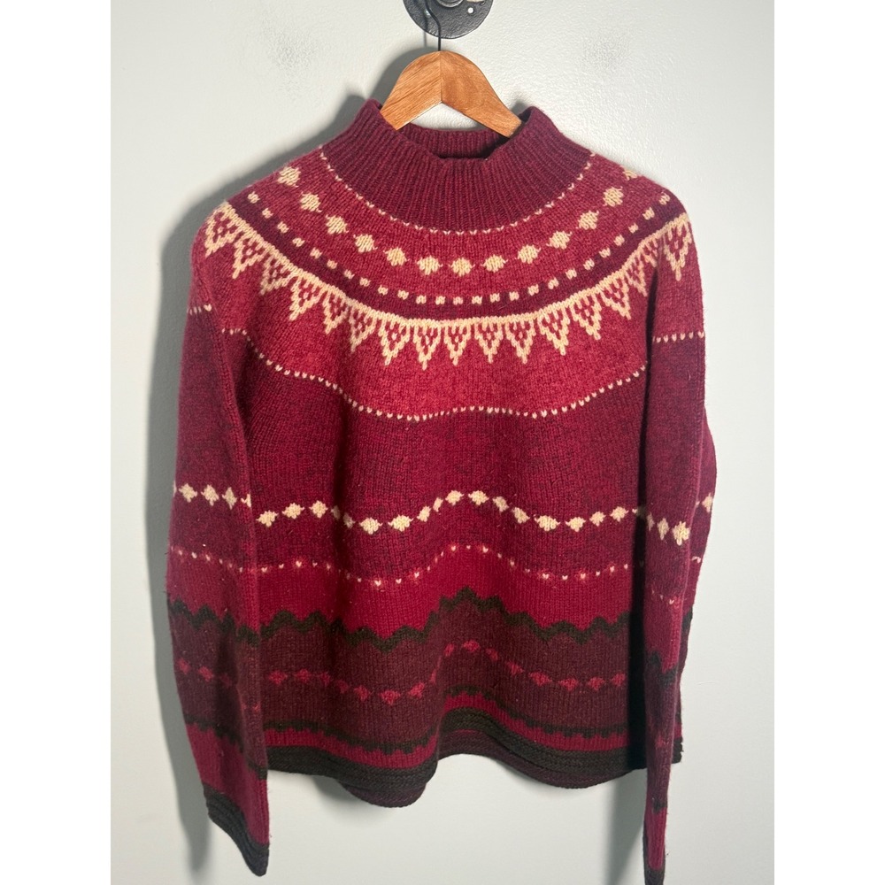 Lands End Wool Fair Isle Sweater Womens XL Burgundy Red Mock Neck Knit Pullover